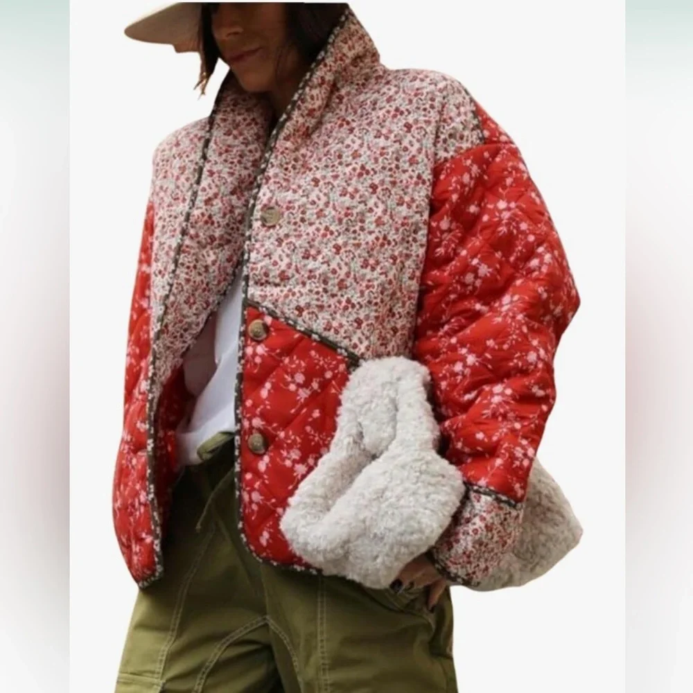 Red Multi Floral Puffer Quilted Jacket - Picture 1 of 6